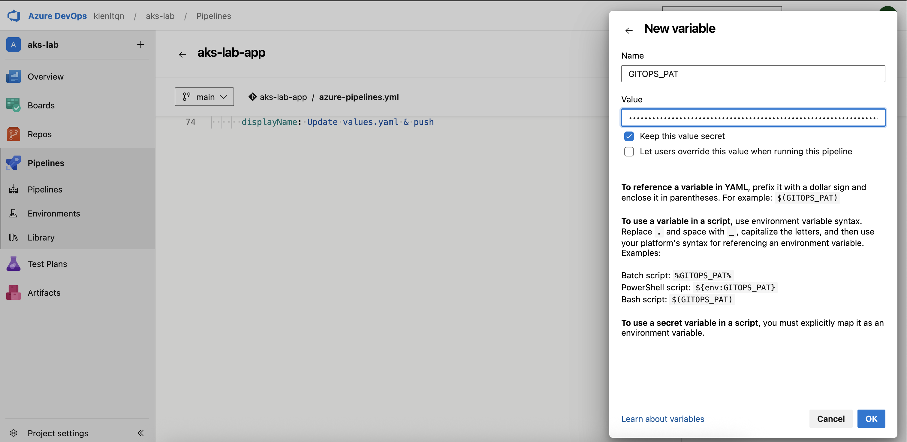 create pipeline variable